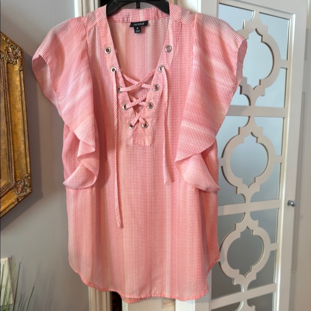 a.n.a Pink/White Ruffled Flutter Sleeve Blouse with Tie Front, size M